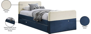 Meridian Furniture Ivy Velvet Twin Bed with Rolling Trundle Two-tone Upholstered Frame for Youth Rooms Navy IvyNavy-T