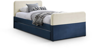 Meridian Furniture Ivy Velvet Twin Bed with Rolling Trundle Two-tone Upholstered Frame for Youth Rooms Navy IvyNavy-T