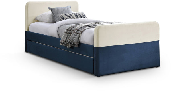 Meridian Furniture Ivy Velvet Twin Bed with Rolling Trundle Two-tone Upholstered Frame for Youth Rooms Navy IvyNavy-T