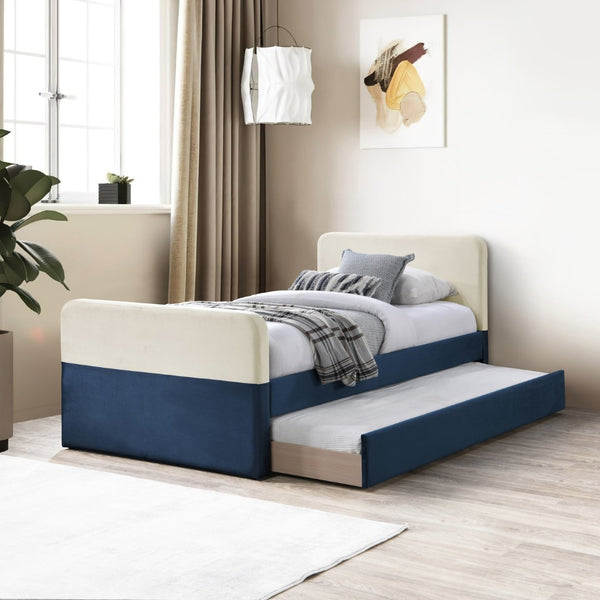 Meridian Furniture Ivy Velvet Twin Bed with Rolling Trundle Two-tone Upholstered Frame for Youth Rooms Navy IvyNavy-T