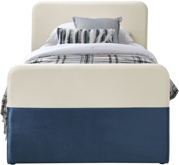 Meridian Furniture Ivy Velvet Twin Bed with Rolling Trundle Two-tone Upholstered Frame for Youth Rooms Navy IvyNavy-T