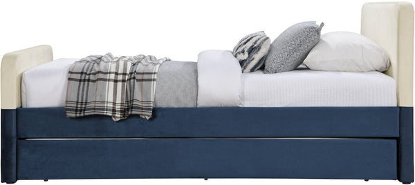 Meridian Furniture Ivy Velvet Twin Bed with Rolling Trundle Two-tone Upholstered Frame for Youth Rooms Navy IvyNavy-T