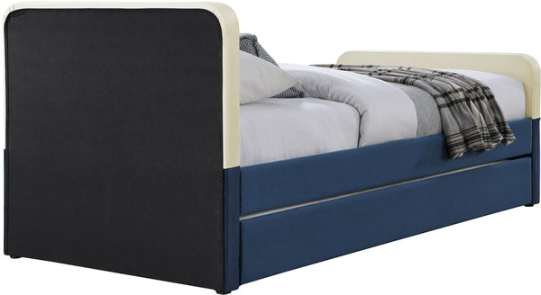 Meridian Furniture Ivy Velvet Twin Bed with Rolling Trundle Two-tone Upholstered Frame for Youth Rooms Navy IvyNavy-T