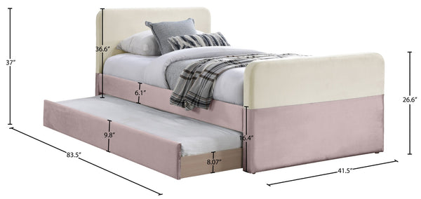 Meridian Furniture Ivy Velvet Twin Bed with Rolling Trundle Two-tone Upholstered Frame for Youth Rooms Pink IvyPink-T