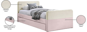 Meridian Furniture Ivy Velvet Twin Bed with Rolling Trundle Two-tone Upholstered Frame for Youth Rooms Pink IvyPink-T