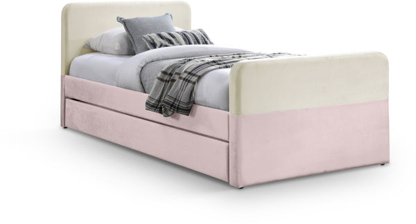 Meridian Furniture Ivy Velvet Twin Bed with Rolling Trundle Two-tone Upholstered Frame for Youth Rooms Pink IvyPink-T