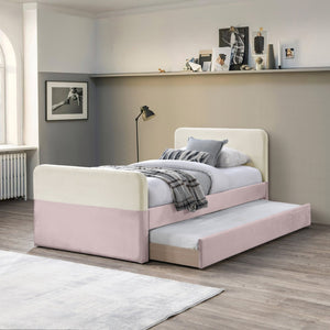 Meridian Furniture Ivy Velvet Twin Bed with Rolling Trundle Two-tone Upholstered Frame for Youth Rooms Pink IvyPink-T