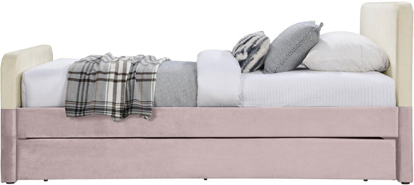 Meridian Furniture Ivy Velvet Twin Bed with Rolling Trundle Two-tone Upholstered Frame for Youth Rooms Pink IvyPink-T