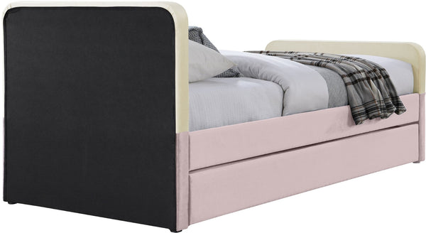 Meridian Furniture Ivy Velvet Twin Bed with Rolling Trundle Two-tone Upholstered Frame for Youth Rooms Pink IvyPink-T