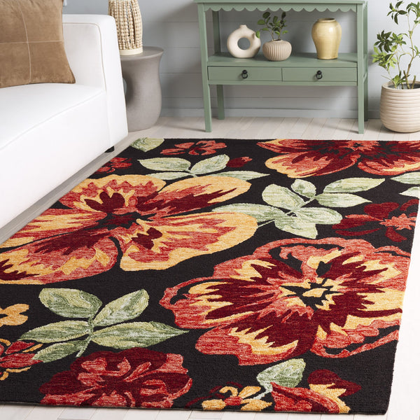 Safavieh Jardin Hand-Tufted Black And Red Floral Area Rug, Wool-Cotton Blend, Low-Profile 3/8" Pile Elegance 8'-0" x 10'-0" JAR102Z-8