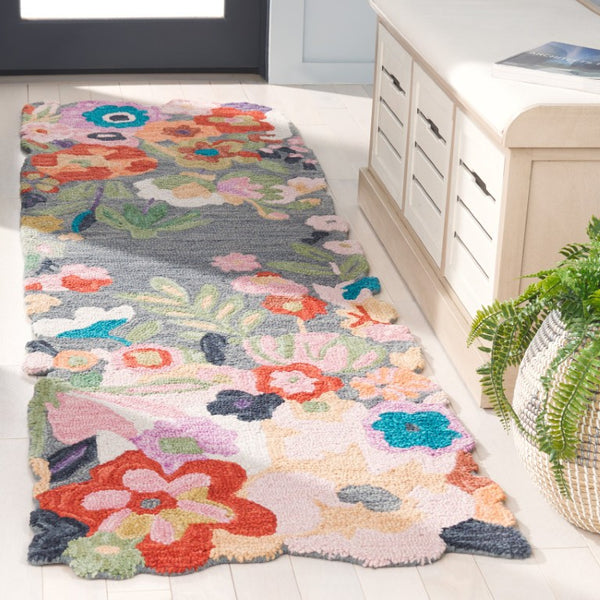 Safavieh Jardin Hand Tufted Wool Floral Runner Rug Grey Pink Blooms for Hallway or Living Room JAR176F-28