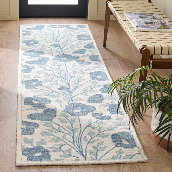 Safavieh Jardin Hand-Tufted Ivory Blue Runner Rug With Wool-Cotton Blend — Low-Profile, Coastal Floral Elegance 2'-3" x 8'-0" JAR232M-28