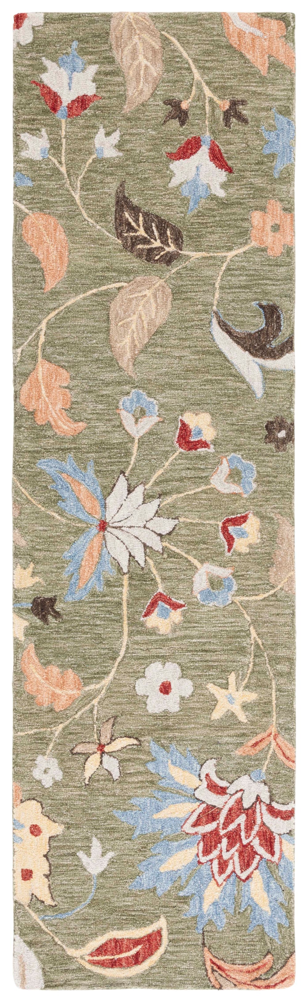 Safavieh Jardin Hand‑Tufted Wool-Cotton Runner With Lush Green & Blue Floral Motif, Durable Plush Pile 2'-3" x 9'-0" JAR256Y-29