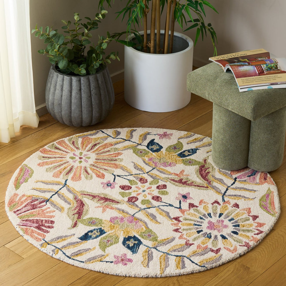 Safavieh Jardin Hand-Tufted Round Rug In Ivory & Green Floral Boho Design, Wool-Cotton Blend, Durable Elegance 3'-0" x 3'-0" JAR368Y-3R