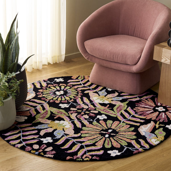 Safavieh Jardin Hand-Tufted Black And Pink Floral Round Rug — Wool-Cotton Blend, Boho Statement Accent 6'-0" x 6'-0" JAR368Z-6R
