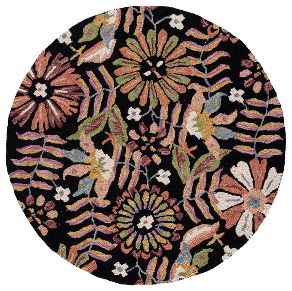 Safavieh Jardin Hand-Tufted Black And Pink Floral Round Rug — Wool-Cotton Blend, Boho Statement Accent 6'-0" x 6'-0" JAR368Z-6R