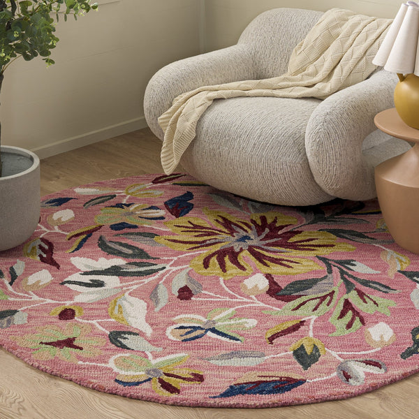 Safavieh Jardin Hand-Tufted Round Floral Rug In Pink & Green — 85% Wool, Plush Low Pile, Durable Accent 5'-0" x 5'-0" JAR369U-5R