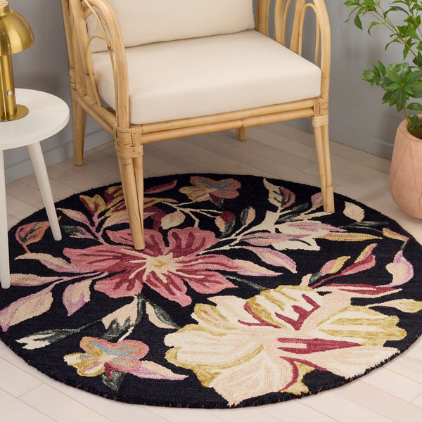 Safavieh Jardin Hand-Tufted Black And Pink Floral Round Rug — Wool-Cotton Blend, Artisanal Accent For Rooms 5'-0" x 5'-0" JAR369Z-5R