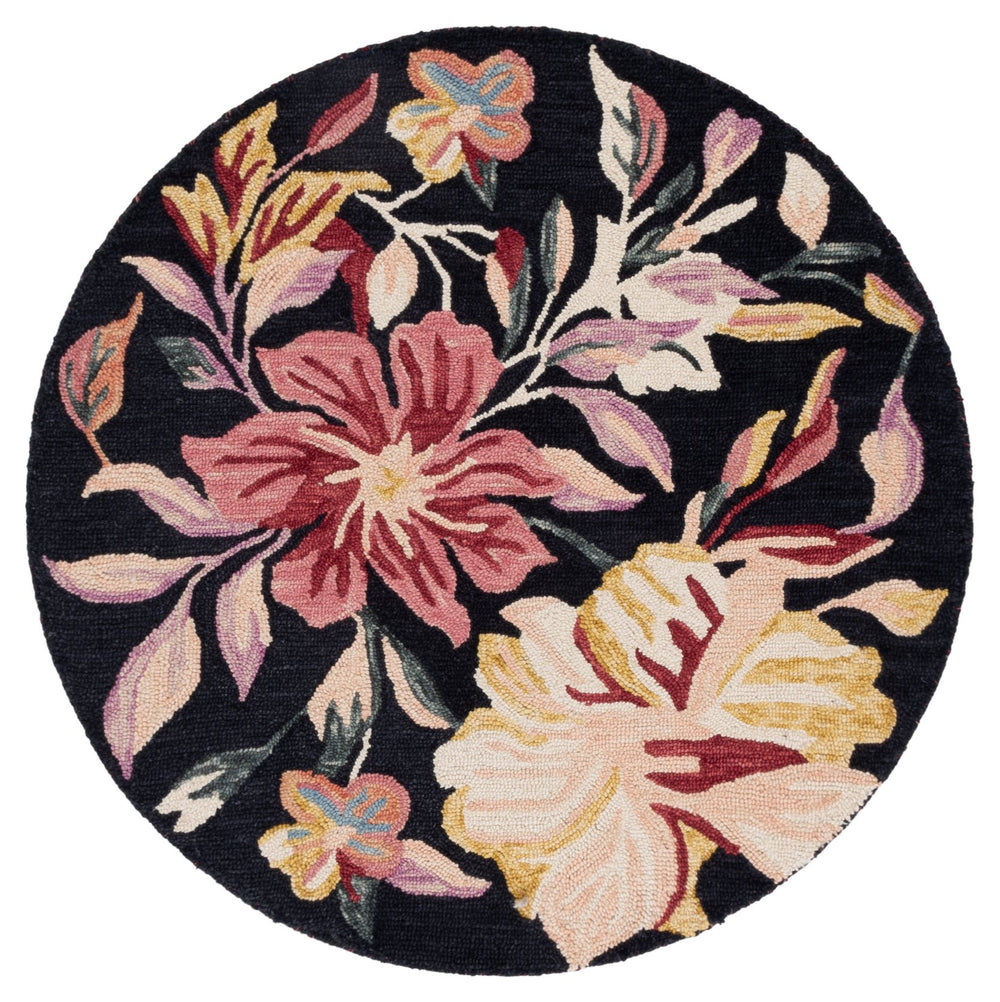 Safavieh Jardin Hand-tufted Round Area Rug - Black & Pink Elegance, 4ft Floral Design For Cozy Spaces Black ,Pink 85% Wool,15% Cotton Jar369z-4r