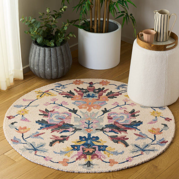 Safavieh Jardin Hand-Tufted Round Area Rug In Ivory & Light Blue — Wool-Cotton Floral Motif, Low-Profile Elegance 3'-0" x 3'-0" JAR370L-3R