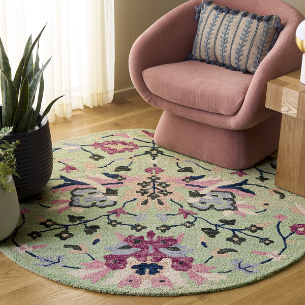 Safavieh Jardin Hand-Tufted Round Area Rug In Sage And Pink Floral Motif — Wool-Cotton Plush Accent 3'-0" x 3'-0" JAR370W-3R