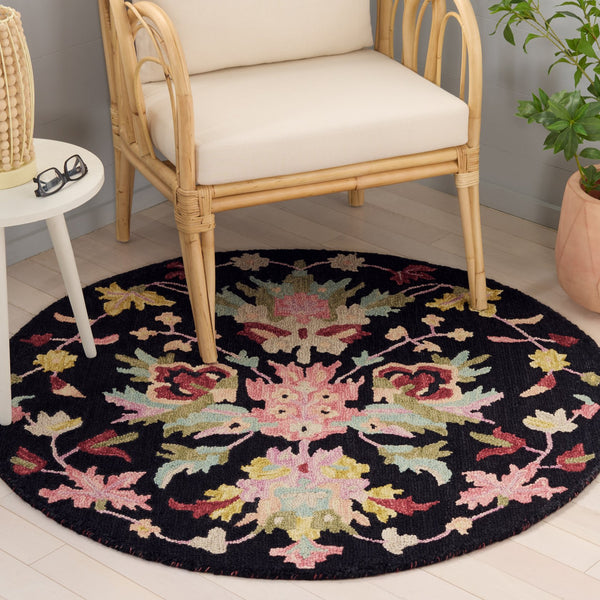 Safavieh Jardin Hand-Tufted Wool-Cotton Round Rug In Black & Pink — Floral Accent, Low-Profile, Cozy Centerpiece 3'-0" x 3'-0" JAR370Z-3R