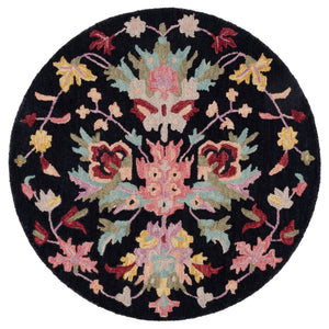 Safavieh Jardin Hand-Tufted Wool-Cotton Round Rug In Black & Pink — Floral Accent, Low-Profile, Cozy Centerpiece 3'-0" x 3'-0" JAR370Z-3R