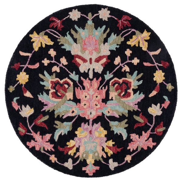 Safavieh Jardin Hand-Tufted Wool-Cotton Round Rug In Black & Pink — Floral Accent, Low-Profile, Cozy Centerpiece 3'-0" x 3'-0" JAR370Z-3R