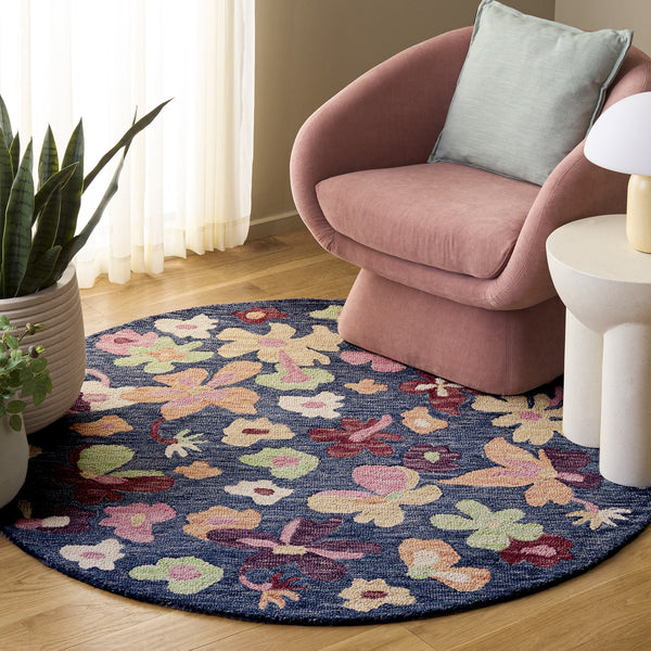 Safavieh Jardin Hand-Tufted Round Rug In Blue Rust Floral — 85% Wool, Low-Profile 1/2" Pile For Cozy Style 6'-0" x 6'-0" JAR372M-6R
