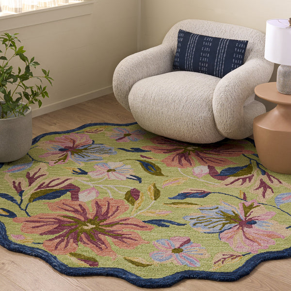 Safavieh Jardin Hand‑Tufted Round Wool Rug With Painterly Light Green & Blue Florals, Soft Durable Texture 6'-0" x 6'-0" JAR373Y-6R
