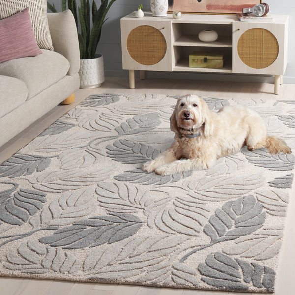 Safavieh Jardin Hand-Tufted Round Rug In Grey Ivory Floral-Tropical Motif — Wool-Cotton Blend, Low Pile Komfort 6'-0" x 6'-0" JAR425F-6R