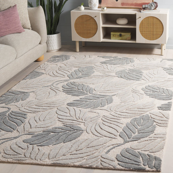 Safavieh Jardin Hand-Tufted Round Rug In Grey Ivory Floral-Tropical Motif — Wool-Cotton Blend, Low Pile Komfort 6'-0" x 6'-0" JAR425F-6R