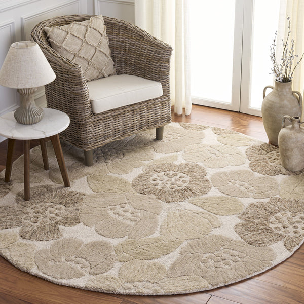 Safavieh Jardin Hand-Tufted Round Rug Grey Ivory — Wool-Cotton Blend, Low Pile Floral Motif For Living Spaces 6'-0" x 6'-0" JAR467F-6R