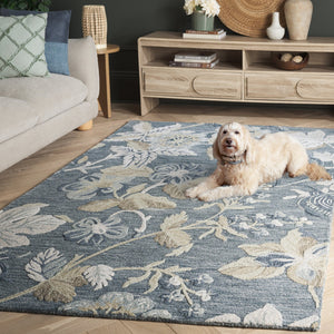Safavieh Jardin Hand-Tufted Blue Beige Wool-Cotton Rug — Low-Profile Floral Elegance For Living Rooms And Entryways 5'-0" x 8'-0" JAR470M-5