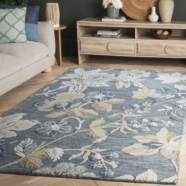 Safavieh Jardin Hand-Tufted Blue Beige Wool-Cotton Rug — Low-Profile Floral Elegance For Living Rooms And Entryways 5'-0" x 8'-0" JAR470M-5