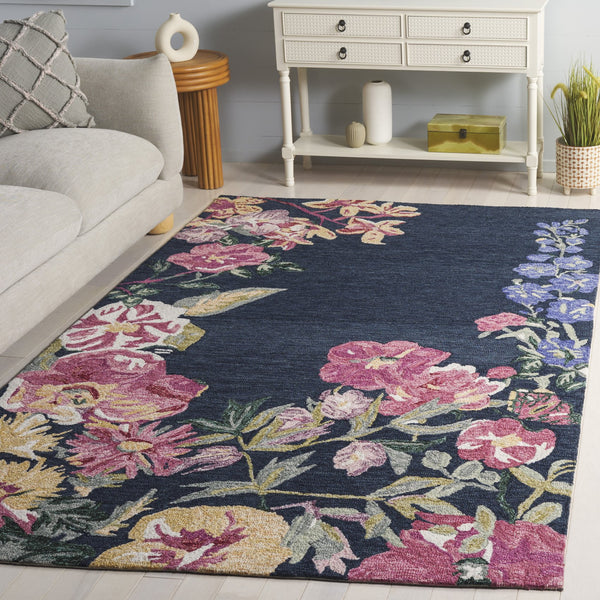 Safavieh Jardin Hand‑Tufted Navy Pink Floral Round Rug — Wool Cotton Blend, Low Profile, Durable Comfort 6'-0" x 6'-0" JAR475N-6R