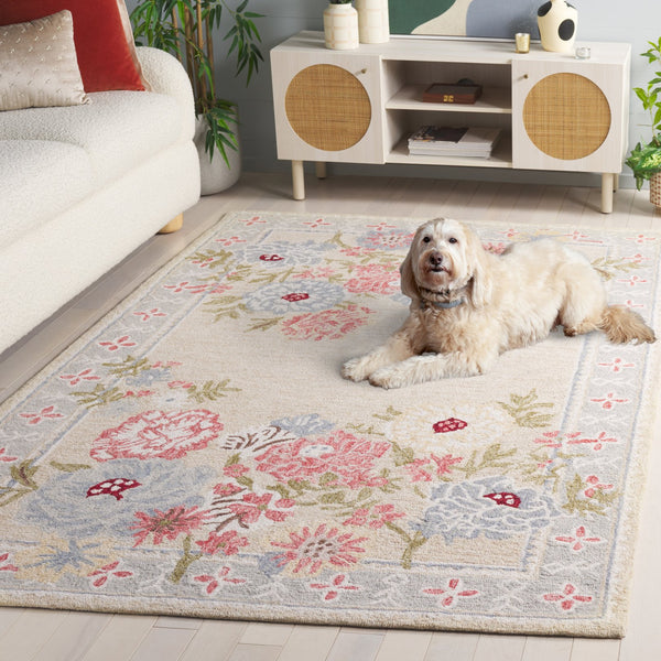 Safavieh Jardin Hand-Tufted Round Area Rug Beige Pink Floral Motif — Wool-Cotton Blend, Low-Profile Cozy 6'-0" x 6'-0" JAR476B-6R