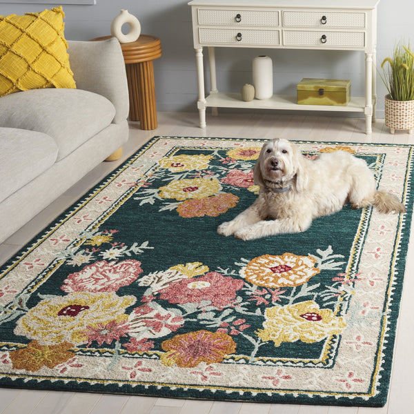 Safavieh Jardin Hand-Tufted Floral Area Rug In Dark Green & Pink — Wool-Cotton Blend, Low-Profile Elegance 6'-0" x 6'-0" JAR476Y-6SQ