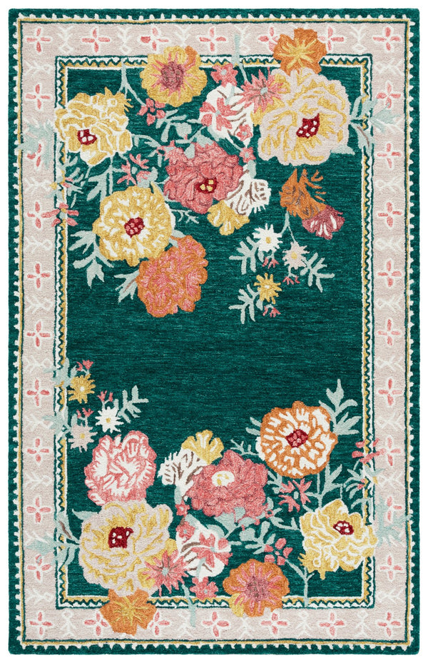 Safavieh Jardin Hand-Tufted Wool-Cotton Round Rug In Dark Green And Pink — Country Floral, Cozy Durable Feel 6'-0" x 6'-0" JAR476Y-6R