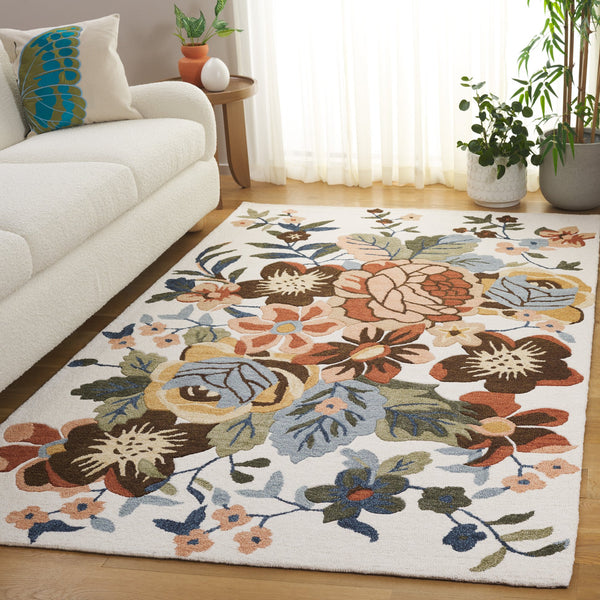 Safavieh Jardin Hand-Tufted Ivory & Green Floral Rug — 80% Wool Low-Pile Luxury For Living Room Elegance 8'-0" x 10'-0" JAR760A-8