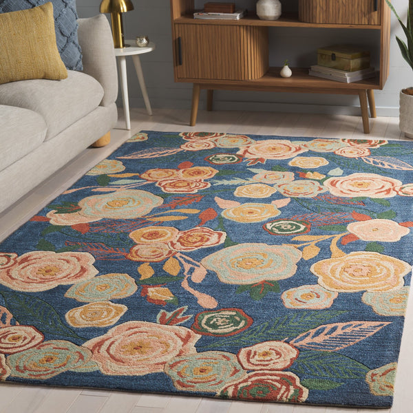 Safavieh Jardin Hand‑Tufted Square Rug In Blue & Pink Floral, 80% Wool 20% Cotton, Low Pile Artisan Craftsmanship 6'-0" x 6'-0" JAR762M-6SQ