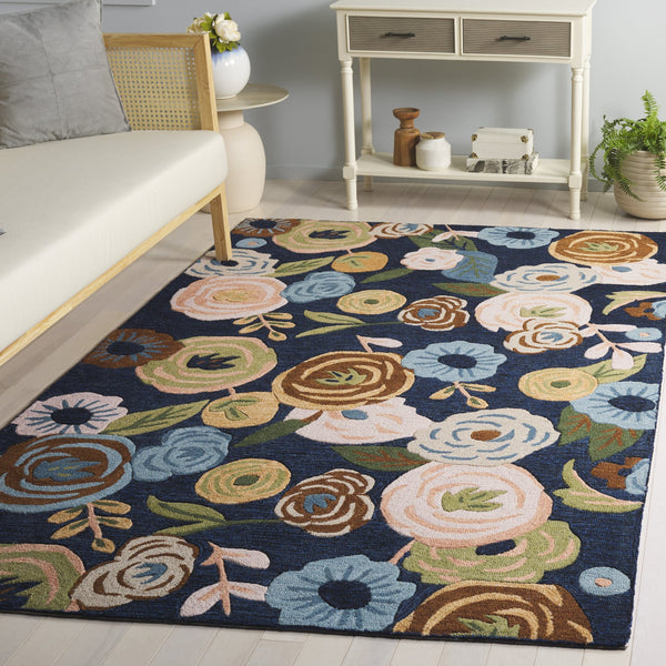 Safavieh Jardin Hand-Tufted Navy & Light Blue Round Rug — Wool-Cotton Floral Low-Profile Artisanal Accent(95) 6'-0" x 6'-0" JAR764N-6R