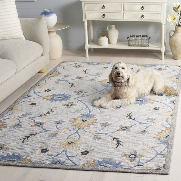 Safavieh Jardin Hand‑Tufted Wool/Cotton Area Rug In Grey And Blue Floral Motif — Low Profile, Timeless Craftsmanship 6'-0" x 6'-0" JAR766F-6SQ