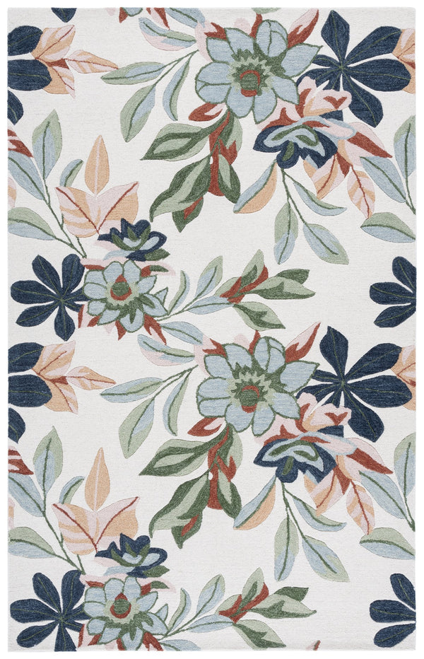 Safavieh Jardin Hand-Tufted Ivory And Blue Area Rug – Wool-Cotton Low Pile, Floral Motif, Durable Elegance 6'-0" x 6'-0" JAR768A-6SQ