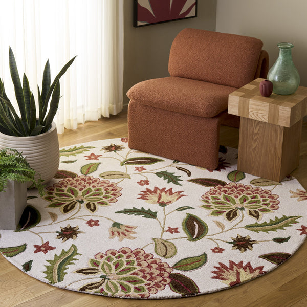 Safavieh Jardin Hand-Tufted Round Rug In Ivory And Green Floral — Wool-Cotton Blend, Low Pile, Crafted In India 6'-0" x 6'-0" JAR769A-6R