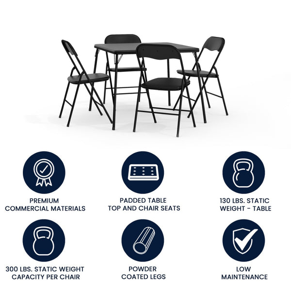 English Elm Madison 5-Piece Folding Card Table and Chair Set for Game Nights, Gatherings & Extra Seating Black 33.5"W x 33.5"D x 27.75"H JB-1-GG