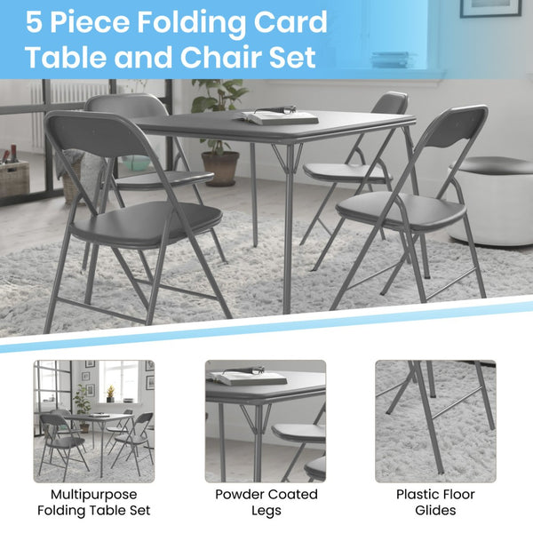 English Elm Madison 5-Piece Folding Card Table and Chair Set for Game Nights, Gatherings & Extra Seating Gray 33.5"W x 33.5"D x 27.75"H JB-1-GY-GG