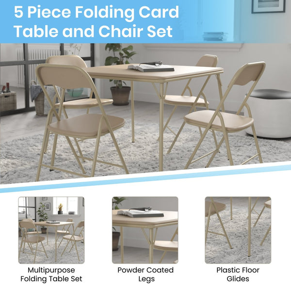 English Elm Madison 5-Piece Folding Card Table and Chair Set for Game Nights, Gatherings & Extra Seating Tan 33.5"W x 33.5"D x 27.75"H JB-1-TAN-GG