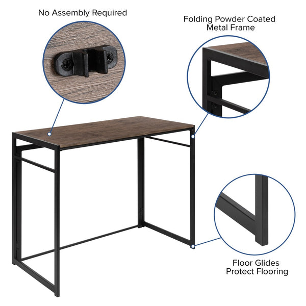 English Elm Walker Rustic Industrial Folding Computer Desk - Compact, Space-Saving Workstation for Home & Office JB-YJ354F-GG