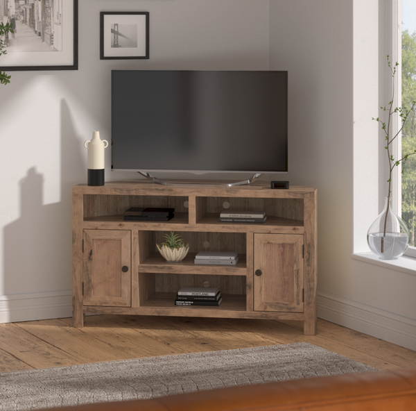Legends Furniture Bridgevine Home Joshua Creek 52 Inch Corner Tv Stand For Tvs Up To 55 Inches, No Assembly Required, Barnwood Finish Aged Whiskey, Brown Knotty Alder Solids And Veneers Jc1213.Bnw